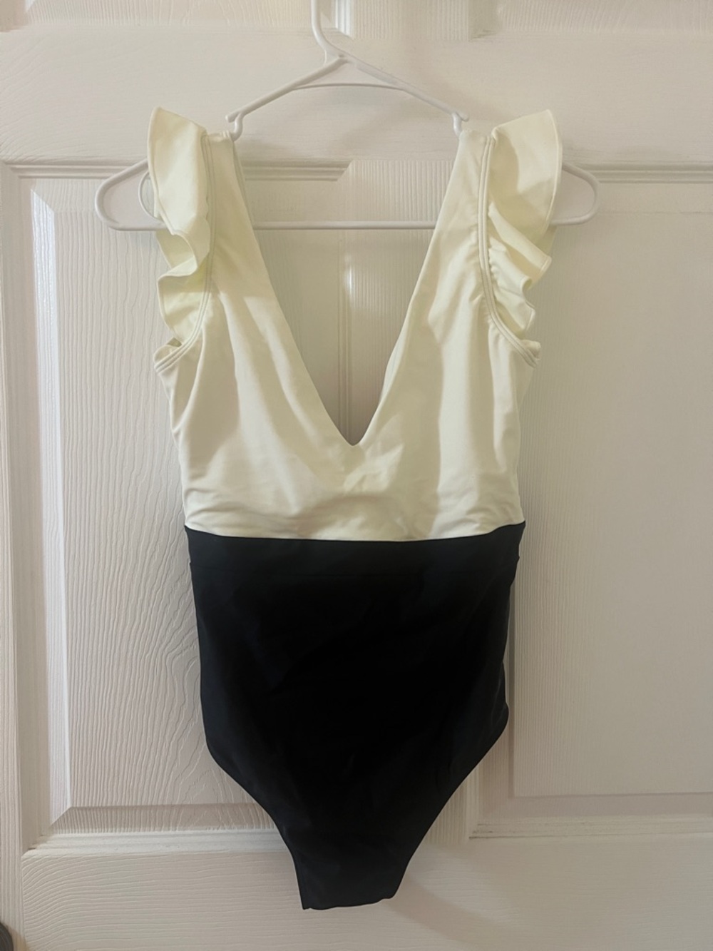 summersalt Two-Tone Ruffle Shoulder One-Piece Swimsuit in Cream and Black